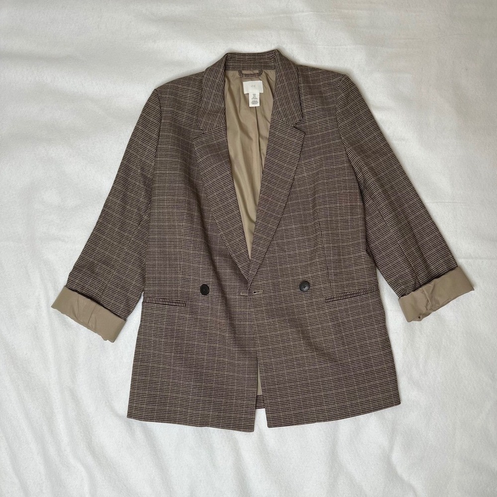 HM Brown Houndstooth Plaid Blazer Oversized Long Sleeve Jacket Small A12-099 - Picture 2 of 10